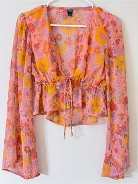 Wild Fable Floral Boho Crop Top Bell Sleeve Tie Front Small